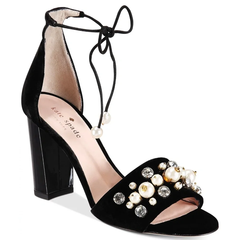 Kate Spade Iverna Pearl Studded Open Toe Pumps Balck Evening Sandals Dress Shoes